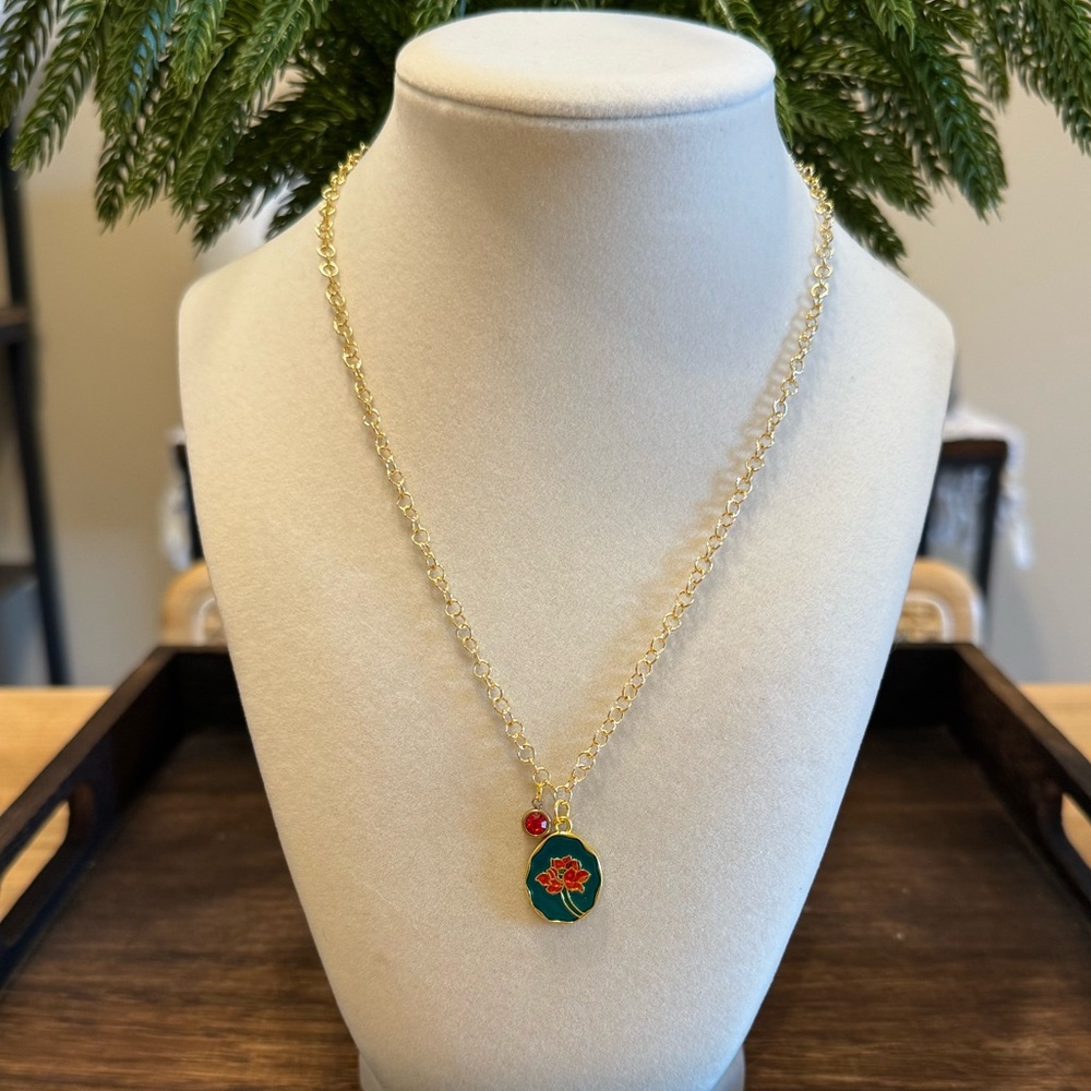 Gold Tone Floral Charm Necklace Green Enamel Red Accent Pendant Handmade